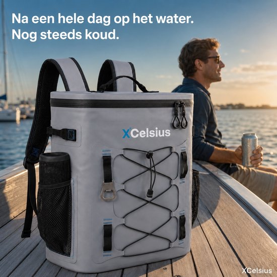 XCelsius® Koeltas Rugzak 20 Liter – Koelrugzak met 2 Koelelementen en Flessenopener – Minstens 24 Uur Koel – 100% Waterdicht – Koelrugtas voor Strand, Festival, Boot en Camping – Grijs