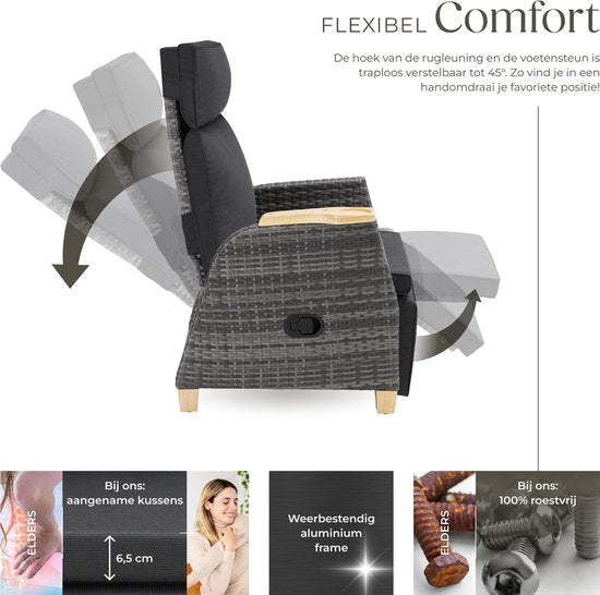 tectake® - Wicker buitenfauteuil - Stoel met hoge rugleuning - Voetsteun en verstelbare rugleuning - Relaxstoel met ligfunctie - Loungemeubel voor tuin - Ligstoel - Leesstoel - Incl. ruimte voor beker/glas