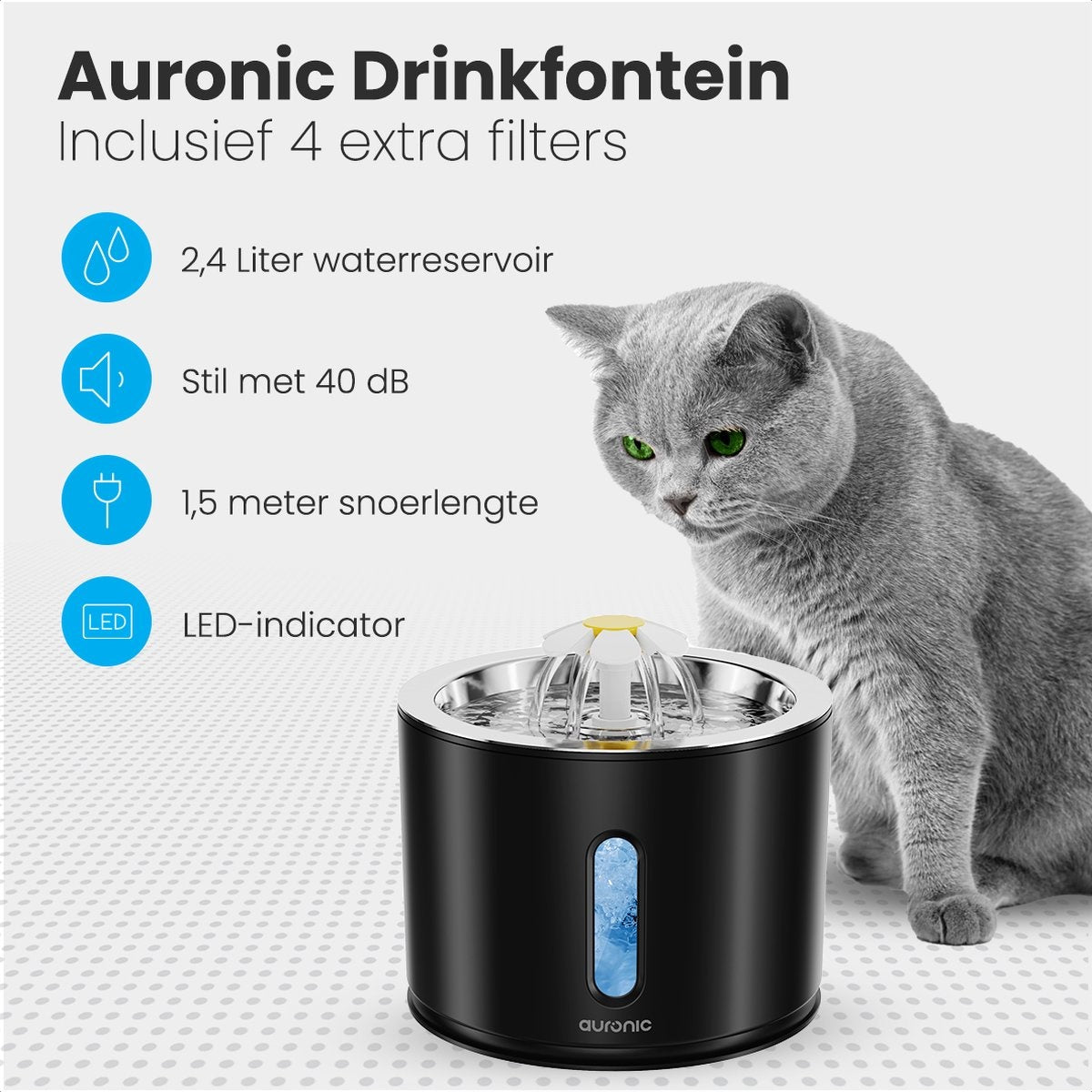 Auronic Drinkfontein voor Katten en Honden - 2,4L - Incl. 4 Filters en 2 Borstels - Zwart
