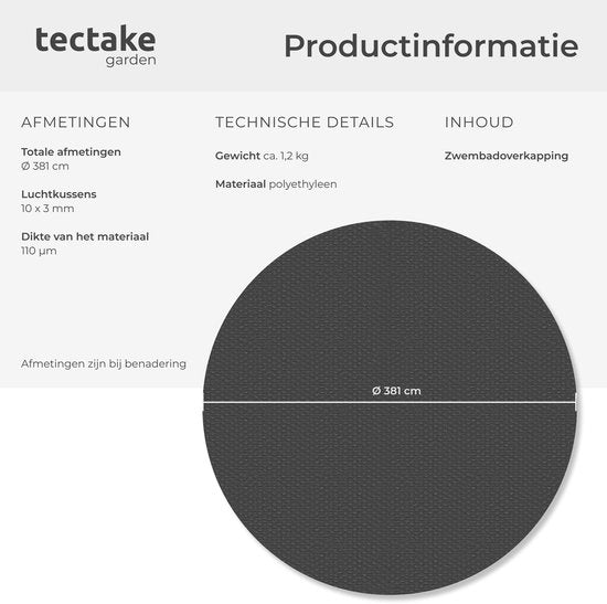 tectake® Zwembad Afdekzeil - Rond Ø 381 cm - Noppenfolie - Zwembadafdekking - Zonnefolie - Warmtefolie - Zwembadverwarming - Zelfdrijvend - Op maat te snijden - Zwart
