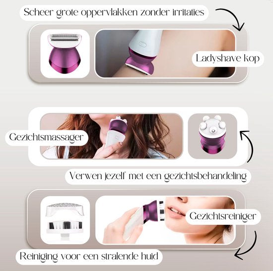 Sansbeauté® 6-in-1 Ladyshave - Gezicht - Oksels - Benen - Bikinilijn - Scheerapparaat Vrouw - Epilator - Epileerapparaat Dames - Trimmer Vrouw - Bikinitrimmer - USB Oplaadbaar