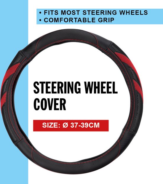 All Ride Stuurhoes Auto 38CM - Geschikt voor Stuurwielen 37-39CM - Comfortabele Grip - Anti-Slip - Auto Decoratie - Kunstleer - Zwart/Rood