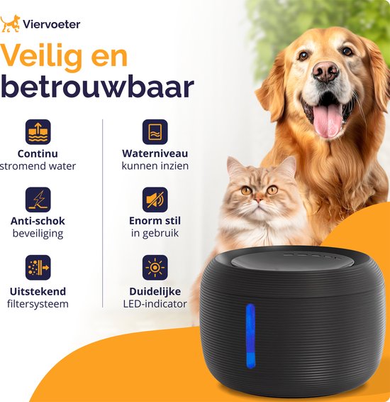 Viervoeter Premium Drinkfontein - Ronde waterfontein voor Katten en Honden - 2,5L - Dieren Drinkbak - geruisloos - Incl. 2 filters - Zwart