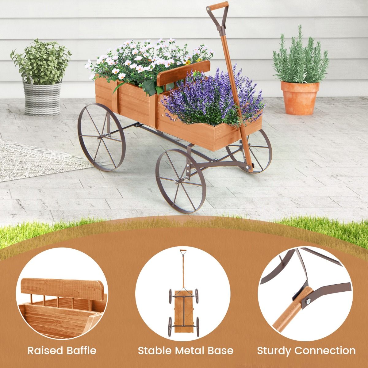 Coast Houten Plantenwagen met 2 Secties en Wielen - 62x34x61 cm - Oranje
