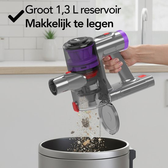 Brixy Steelstofzuiger Draadloos - 30 kPa Zuigkracht - 50 Min Gebruiktijd - Meerdere Filters - Kruimeldief - Draadloze Stofzuiger - Vacuum Cleaner - Grijs/Paars