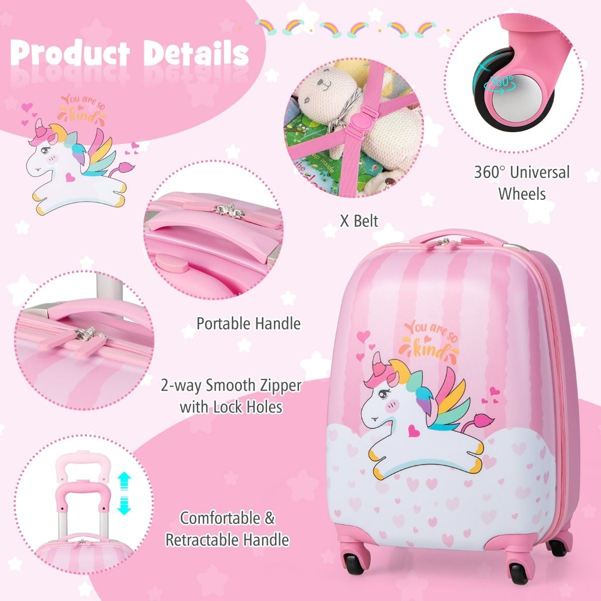 Coast 2-Delige Kinderkofferset Trolley + Rugzak - Eenhoorn Roze - 32cm (L) x 22cm (B) x 40cm (H)