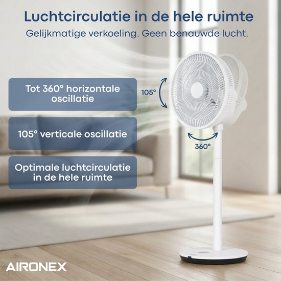 Aironex Ventilator - Stille Statiefventilator met 26 snelheden - App bediening - Laag verbruik - Wit - Met Aromafunctie en Wifi - Timer en Nachtmodus - In hoogte verstelbaar - Horizontale + Verticale oscillatie