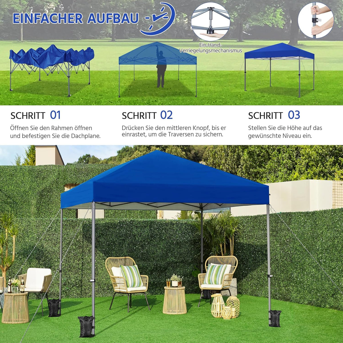 Yaheetech Pop-up Vouwpaviljoen 3 × 3 m In Hoogte Verstelbaar 170,5–265,5 cm Blauw