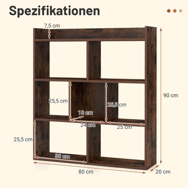 Coast Boekenkast met 7 Open Vakken – 80 x 20 x 90 cm – Koffie, Wit of Walnoot