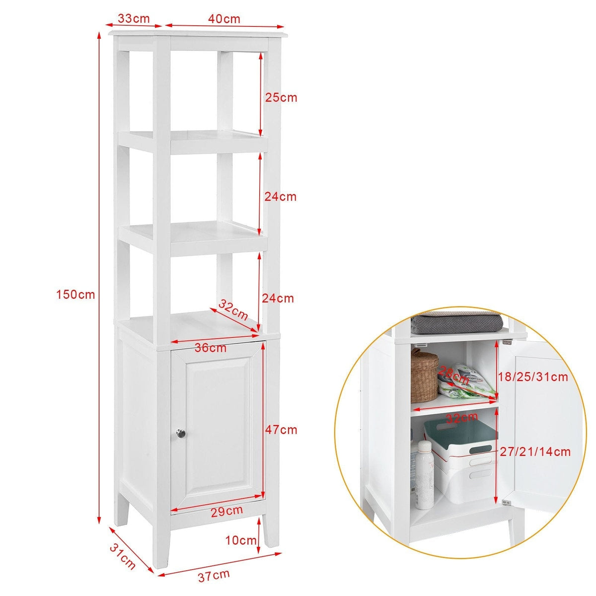 SoBuy Hoge Badkamerkast - 3 Vakken 1 Deur - Wit - 40x150x33 cm