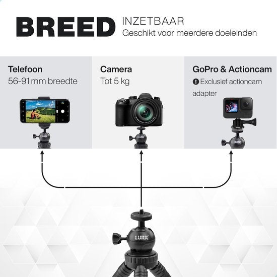 LURK® 3 in 1 Flexibele Octopus Tripod statief voor smartphone & (actie)camera - Incl. telefoonklem en bluetooth afstandsbediening - 25 cm