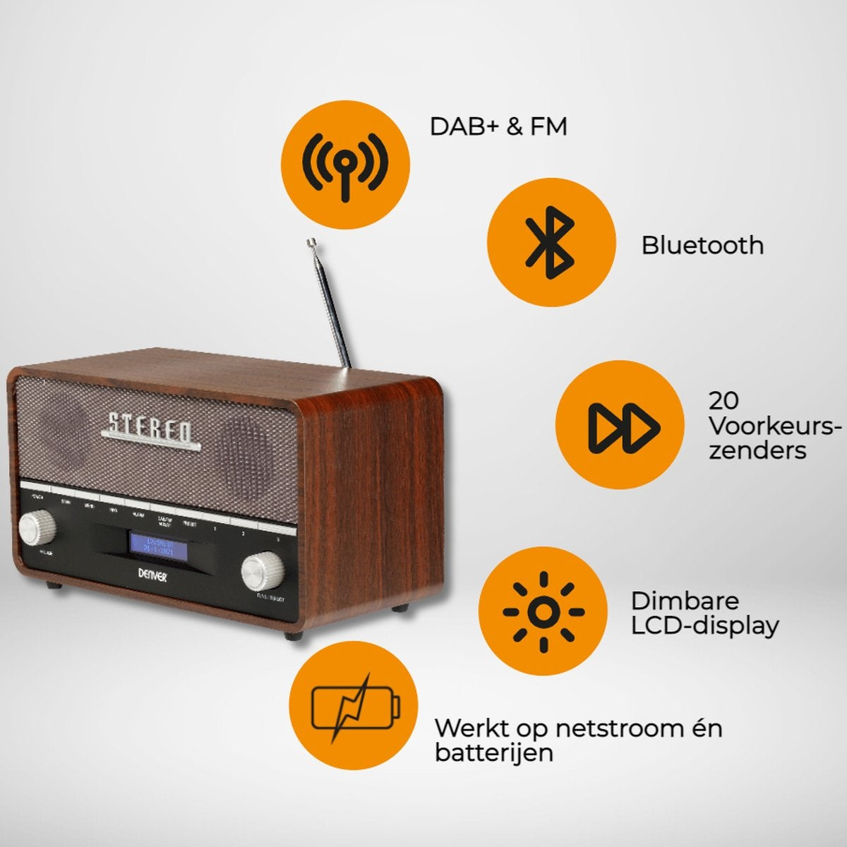 Denver DAB Radio XL - Retro Radio - Bluetooth - DAB+/ FM - Batterijen & Netstroom - DAB36 - Bruin