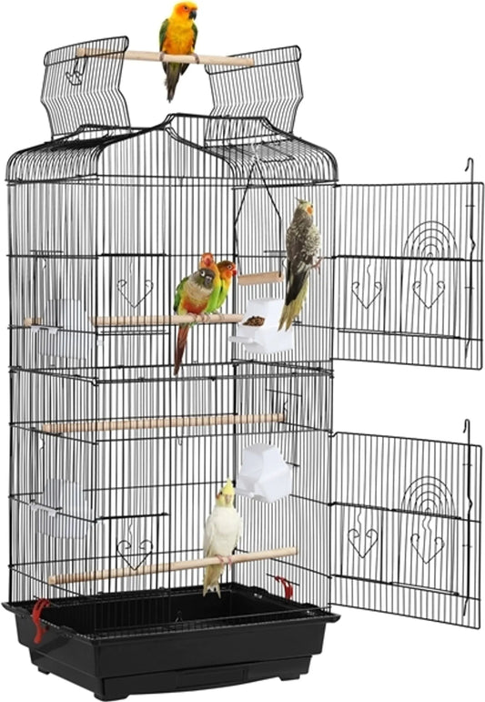 Yaheetech Ruime Vogelkooi met Open Dak en Schommel 46x35x104,5 cm – Klassiek Zwart – Metaal