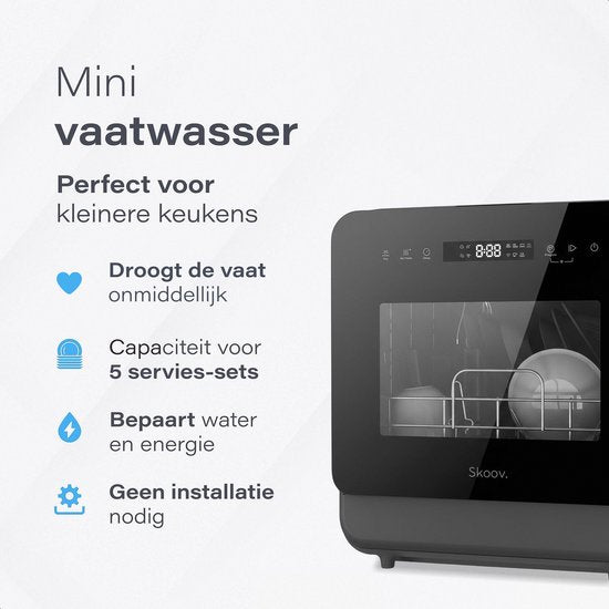 Skoov Mini Vaatwasser met waterreservoir PRO - 3 couverts - 6 wasprogramma's - Zwart