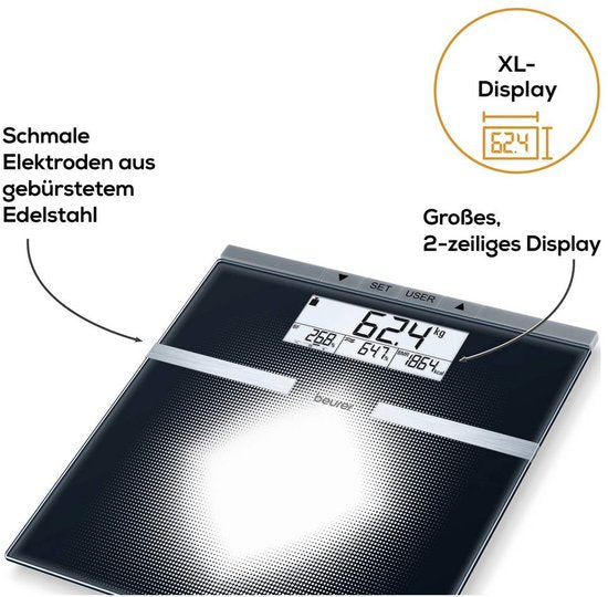 Beurer BG 21 Personenweegschaal - Lichaamsanalyse - BMI/BMR/AMR - Tot 180 kg - 30 x 31.5 cm - 10 Gebruikers - Verlicht groot LCD display met 2 regels - Incl. batterijen - 5 Jaar garantie