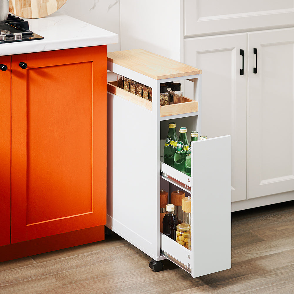 SoBuy NSR11-WN Smalle Rollende Plankenkast van Hout 20x51x79 cm - Praktische Keuken- en Badkamerwagen op Wieltjes in Wit Natuurhoutlook