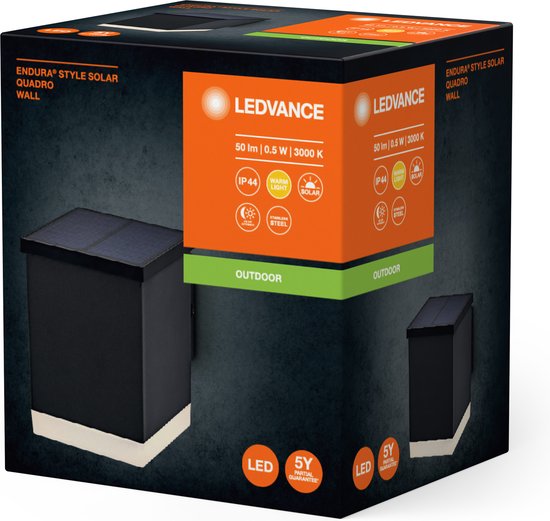 LEDVANCE ENDURA STYLE SOLAR WALL buitenlant., 0,5W, 50lm, wandlamp, donkergrijs, indirecte verl., oplaadbare batterij, beschermingsklasse IP44, 3.000K kleurtemperatuur, warm witte lichtkleur, wandlamp