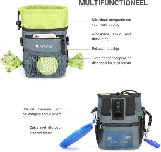 Tikkens Beloningstasje voor Honden - Met Clicker en Opvouwbare Voederbak - Waterdicht en Wasbaar - 25 x 15 x 3 cm - Grijs