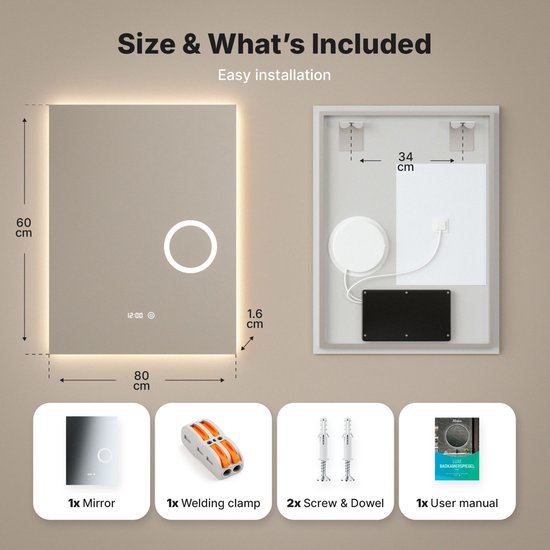 Mirlux Badkamerspiegel met LED Verlichting & Verwarming – Rechthoekige Wandspiegel – Anti Condens Douchespiegel - 60x80CM
