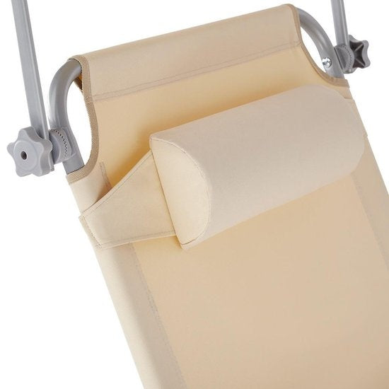tectake® - ligstoel, robuust, verstelbaar, stalen onderstel met zonnescherm, 4-standen rugleuning inclusief hoofdkussen, strandstoel Ideaal voor tuin, zwembad, camping– beige - 68 x 190 x 28 cm