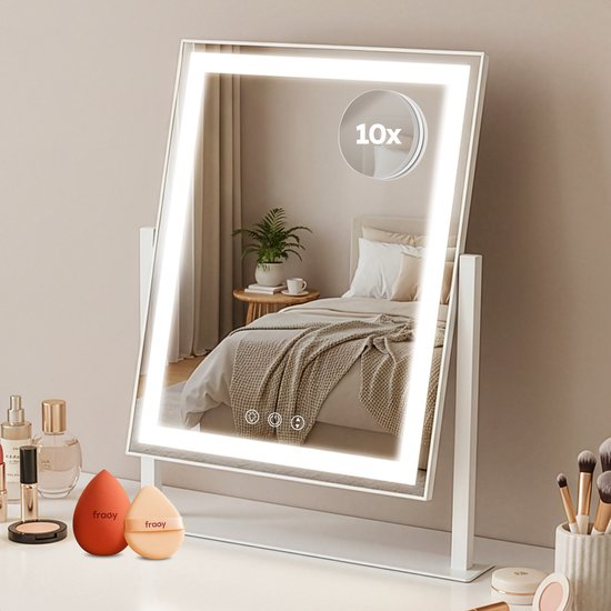 Fraay® Hollywood Spiegel met Verlichting 41x30cm - 3 Lichtstanden - Make Up Spiegel met 10x Vergrootspiegel - LED Strip Verlichting Dimbaar - Incl. Beauty Blenders en Powder puff