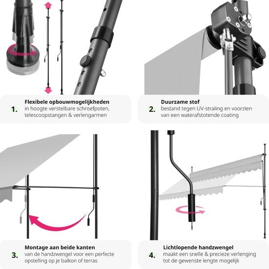 tectake - klemluifel - Zonnescherm – Zonneluifel - Verstelbaar - Klem-zonwering - Zonnescherm Balkon - 350 x 180 cm - lichtgrijs – zonwering - 404967