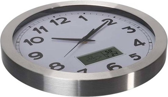 Perel Wandklok, rond, analoog, 35 cm, lcd-scherm met thermometer, hygrometer en weersvoorspelling, aluminium, zilver