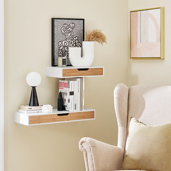 SoBuy Wandregal-Set - Ladekast - Wit - 1 Lade - 1 Plank - 24x40x8 cm | FRG92-WNX2
