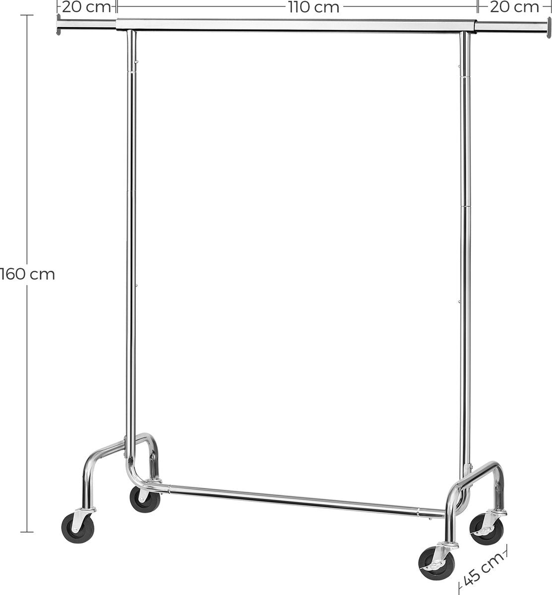 O'DADDY® Kledingrek op Wieltjes  - Verstelbare & Uitschuifbare kledingstang - Verstelbare Hangstang - Stabiel tot 130 kg - Zilver