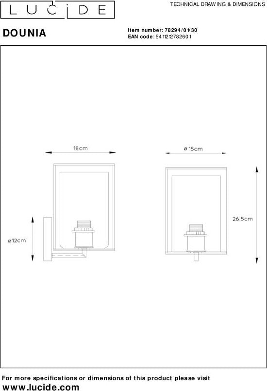 Lucide DOUNIA Wandlamp - Ø 15 cm - E27 - Zwart