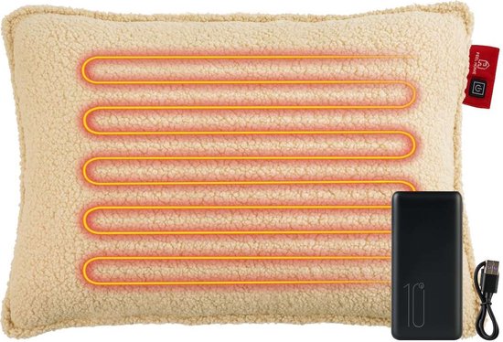 Feel Home - Verwarmend Kussen - Teddy - Gebroken wit 45x60cm - met 10000mAh Power bank