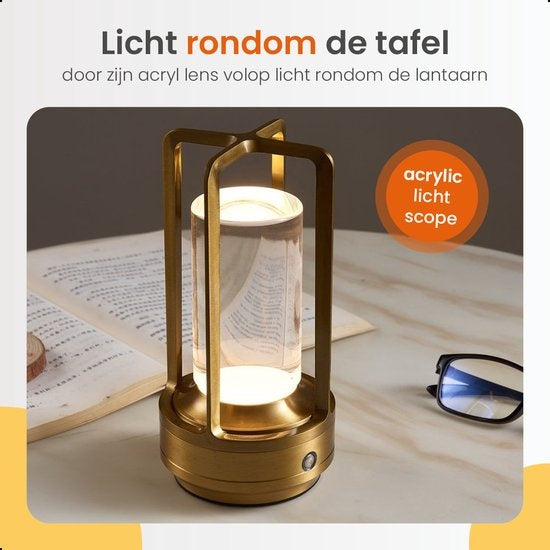 Goliving Tafellamp Oplaadbaar – Lantaarn – Draadloos en dimbaar – Moderne touch lamp – Nachtlamp Slaapkamer – 17.5 cm – Goud