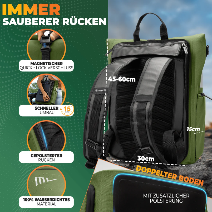 MiVelo EVO Fietstas Rugzak - 25 L - 100% Waterdicht - 3-in-1 - Laptopvak - 60 x 30 x 15 cm