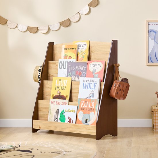 SoBuy KMB32-N Boekenkast voor kinderen, speelgoed, boekenkast, 4 niveaus, met 2 haken, boekenrek, opbergkast, slaapkamer, kantoor, woonkamer, natuur, 91 x 30 x 89 cm