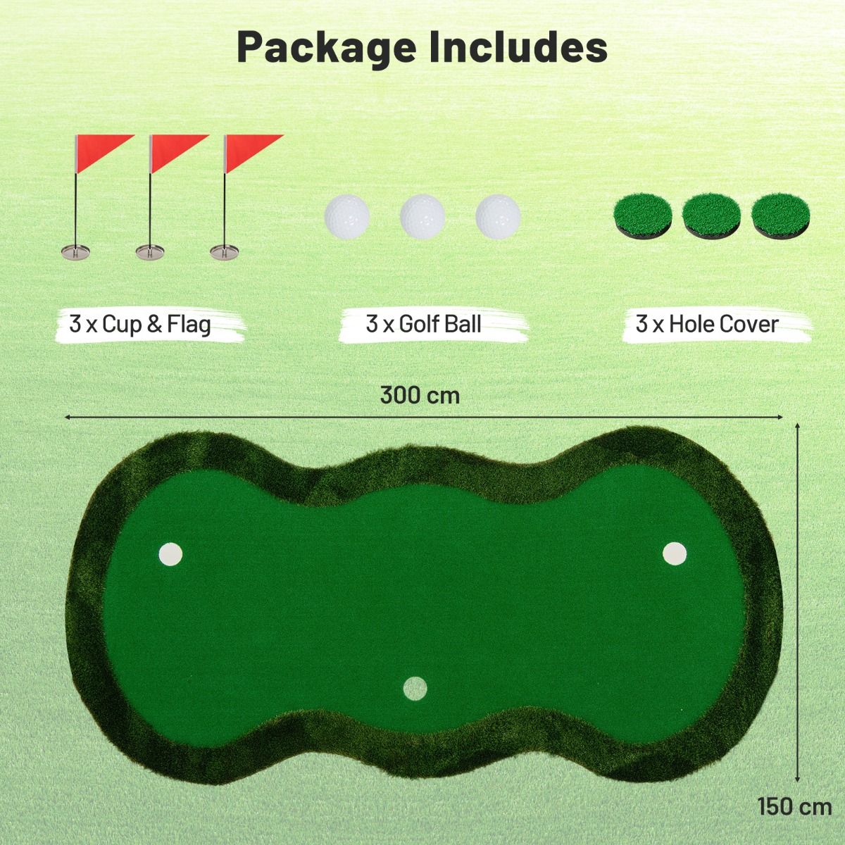 Coast Golf Puttingmat - 3 gaten - inclusief golfballen en vlaggen - 300 x 150 cm - groen