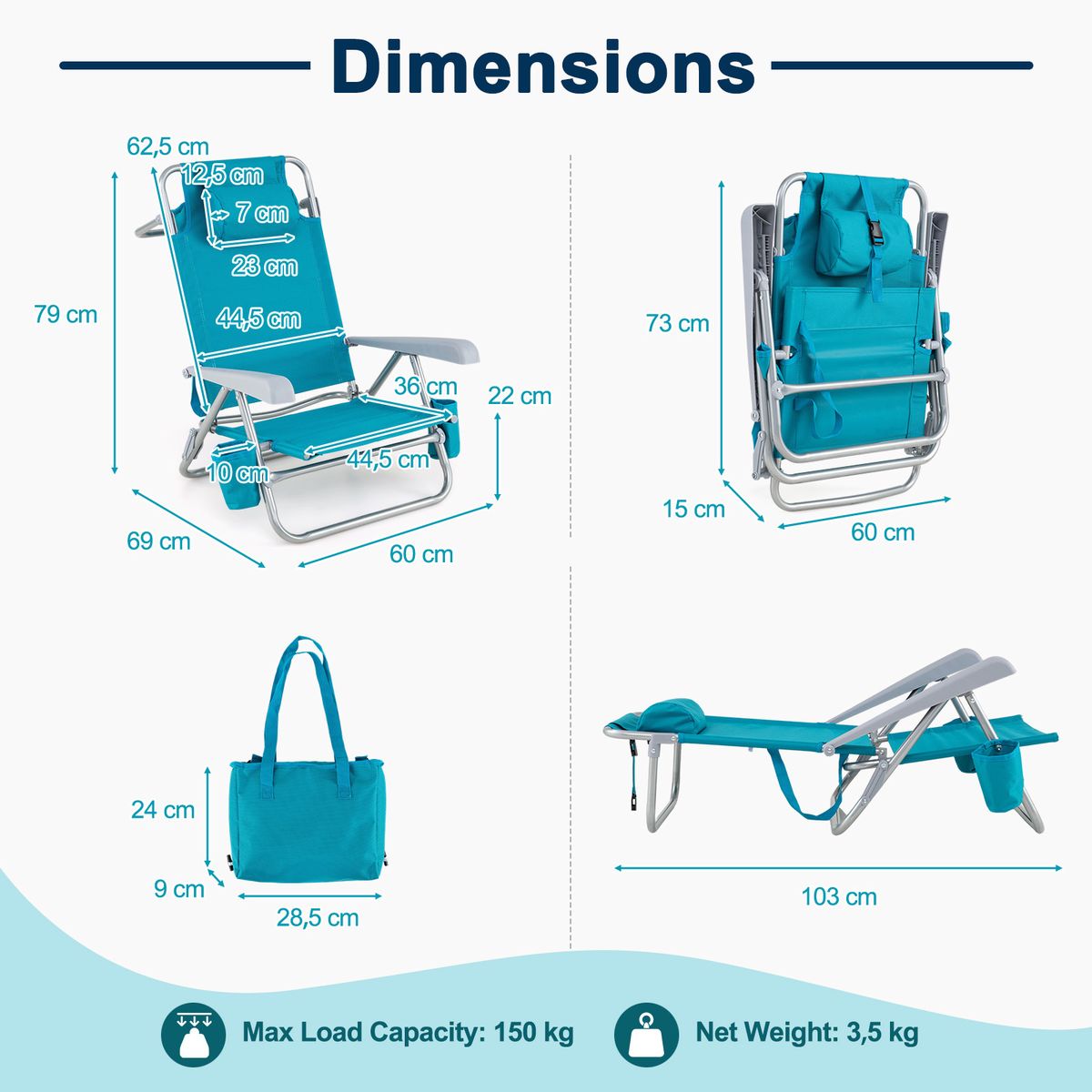 Coast Strandstoel 2-delige set - opvouwbaar met verstelbare rugleuning en hoofdsteun - turquoise