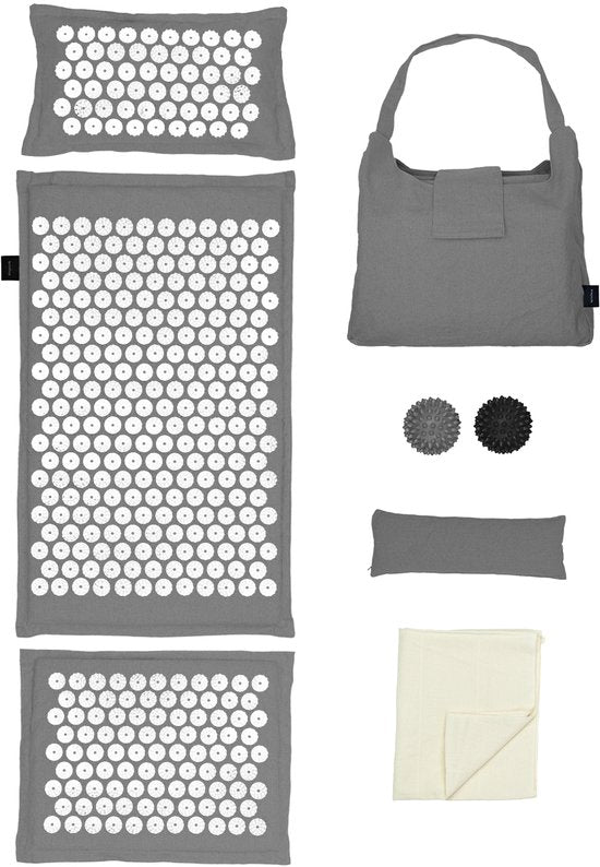 LifeGoods Acupressuur Mat Eco - Complete Set - Kussen / Draagtas / 2x Triggerpoint Bal - Shakti mat - Spijkermat - 72x43x2cm - Grijs/Wit