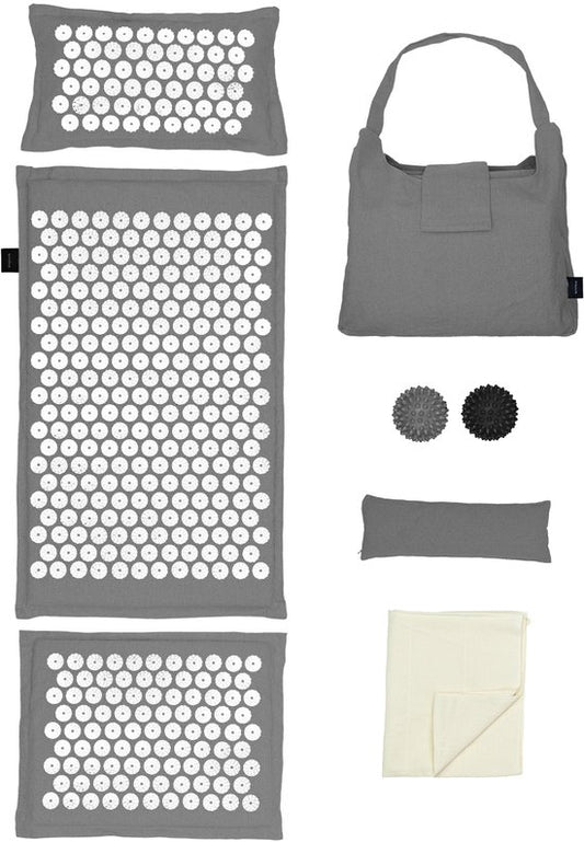 LifeGoods Acupressuur Mat Eco - Complete Set - Kussen / Draagtas / 2x Triggerpoint Bal - Shakti mat - Spijkermat - 72x43x2cm - Grijs/Wit