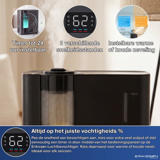 Erikssøn Luchtbevochtiger Elite - 8 Liter - Geschikt voor Woonkamer, Kantoor, Slaapkamer, Babykamer - Humidifier - Met Aromatherapie - Zwart