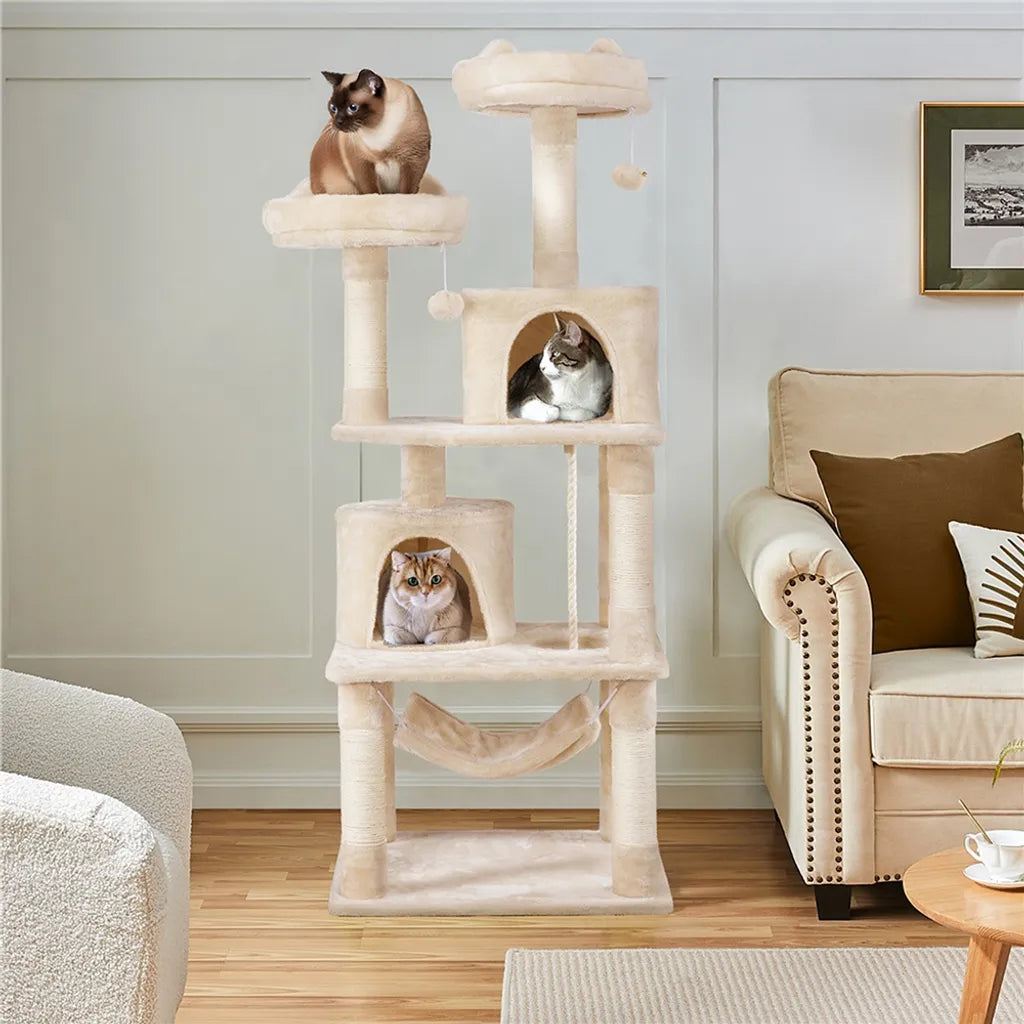 Yaheetech Krabpaal Beige – 158 cm Hoog – Met 2 Platforms, 2 Kattenhuisjes en 5 Sisal Krabpalen
