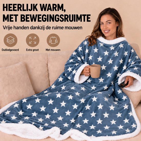 Fleece Deken met Mouwen - Plaid met Mouwen - Hoodie Deken - Hoodie Blanket - Huggle Hoodie - Snuggle Hoodie - Dekens - TV Deken - Blauw - Sterren - Dames en Heren - Volwassenen - 180x130 cm - Noodpakket - Kerstcadeau - Snuggie Moment