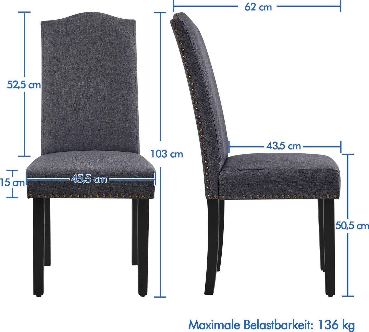 Yaheetech Eetkamerstoelen Set van 2 - Keukenstoel met Hoge Rugleuning - Massief Houten Poten - 45,5 x 62 x 103 cm - Donkergrijs
