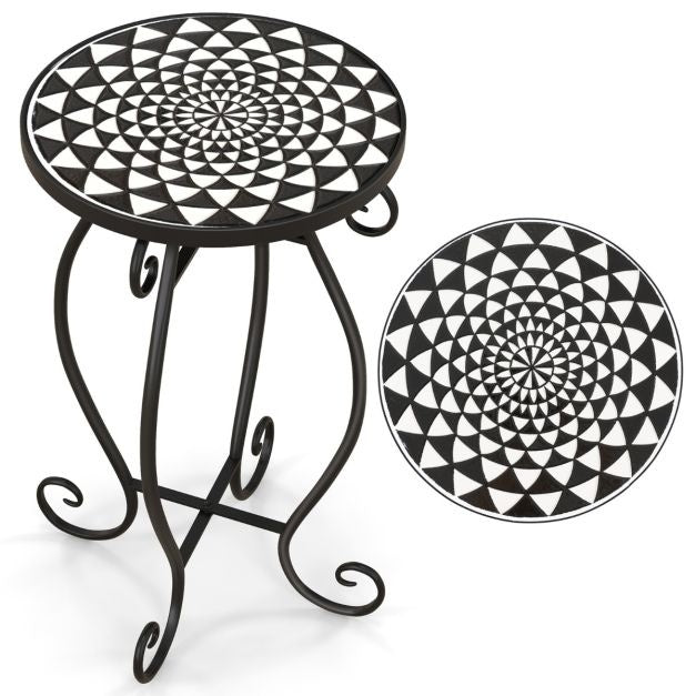 Coast Mozïek bijzettafel - Ronde terrastafel voor binnen en buiten - 30 x 30 x 50 cm - Zwart/Wit
