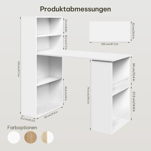 Esituro Bureau - 120x55x120cm - Met Opbergruimte & Boekenkast - Wit