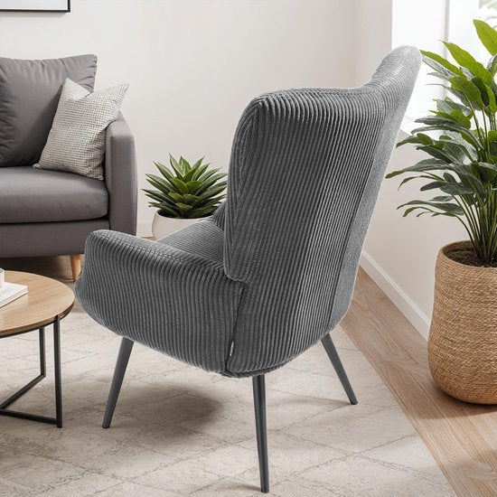 tectake® Oorfauteuil in Scandinavische stijl - Corduroy Hygge - Stoel voor woonkamer, slaapkamer - Loungefauteuil - Zwart metalen poten - Draagvermogen tot 150 kg - Grijs
