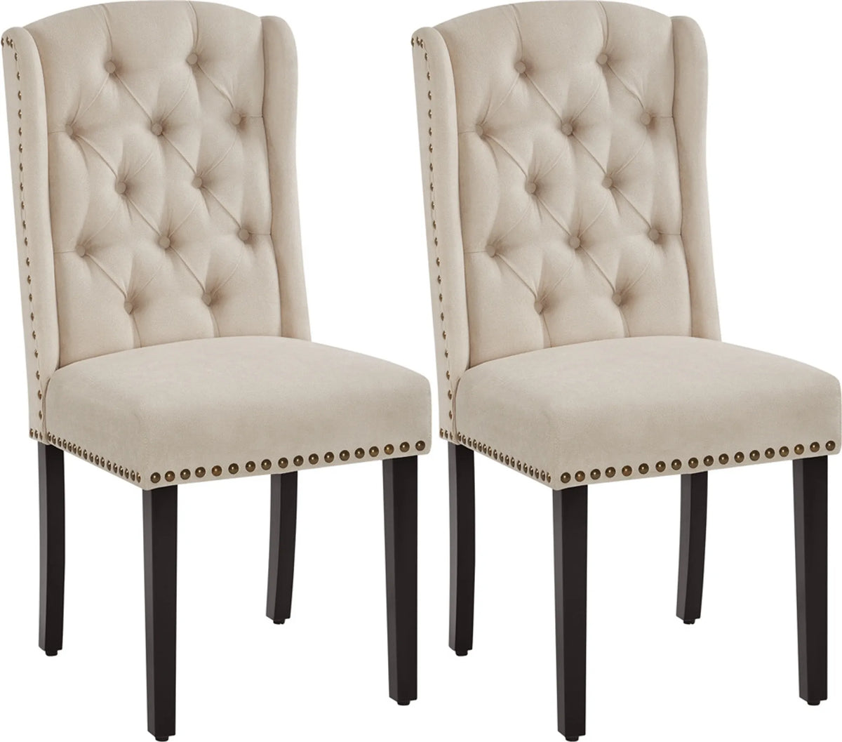 Eetkamerstoelen Set van 2 Vintage Gecapitonneerd met Houten Poten en Siernagels Beige