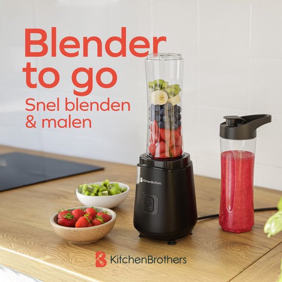 KitchenBrothers Mini Blender - Blender to Go - Smoothie Maker - 2 To-Go Bekers 600 ml - Zwart