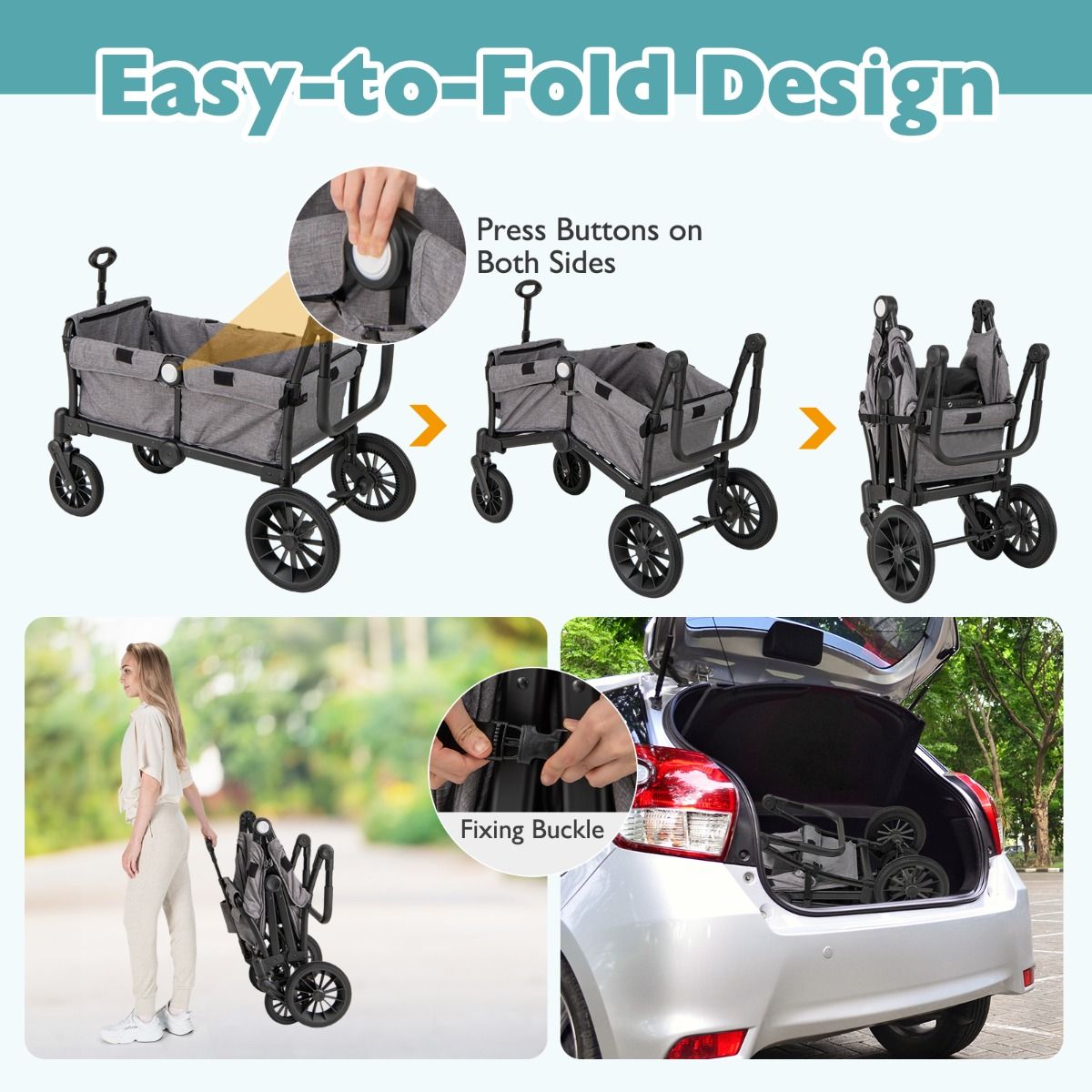 Coast 2-in-1 Opvouwbare Geschwisterwagen - Grijs - 104 x 57 x 107 cm – Verstelbare Handgreep & Afneembare Kap
