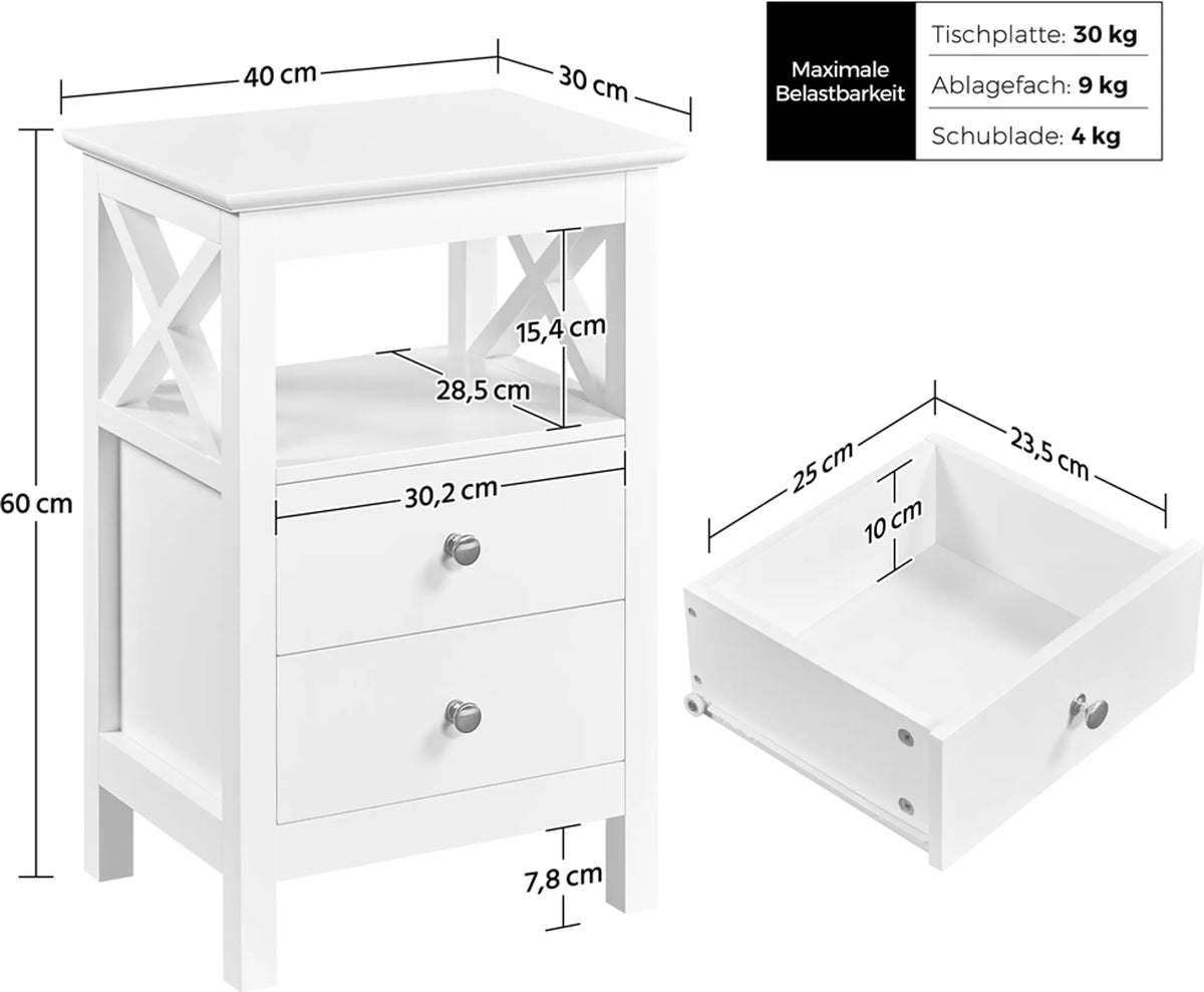 Nachtkastje met 2 Lades en Open Schap X-vormig Metalen Onderstel Wit 40 × 30 × 60 cm