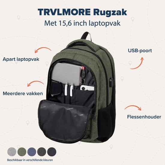 TRVLMORE Rugzak - 28L - 15,6 inch - Laptop Rugtas - Schooltas - Unisex - Spatwaterdicht Groen